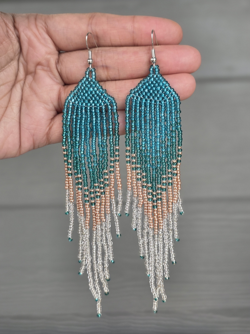 Handmade Teal Ombre Boho Fringe Beaded Earrings